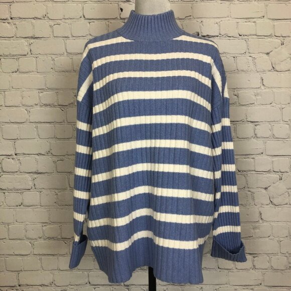 NWT LOFT Ribbed Mockneck Sweater Size M Blue White Stripe Oversized - Picture 1 of 8